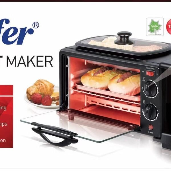 Sonifer 3 EN 1 SF-4004, Machine à petit-déjeuner 3 en 1 Multi-fonctions : Broils- Rôtis-Pâtes Grills friture, Cafetière Capacité du four : 9,0 L Capacité de la cafetière/théière : 6 tasses, 230 C° Poêle à griller avec couvercle en verre Minuterie 30 min avec sonnette Voyant lumineux