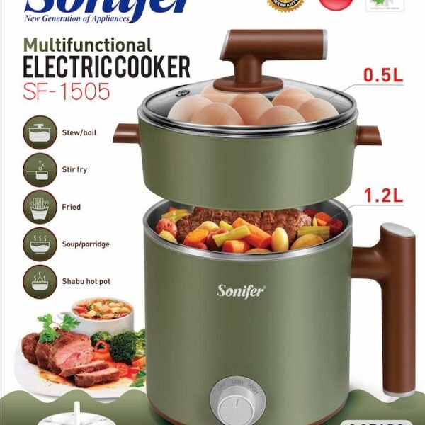 Cuisinière électrique multifonction Sonifer SF- 1505， .Capacité : 1,2 L .Réglage du bouton .Acier inoxydable 304 .Couvercle en verre .Vapeur et cuisson vers le bas .Utilisation multiple dans une casserole .Compact et facile à ranger .Avec cuiseur à œufs AC 220-240V 50 /60Hz 600W